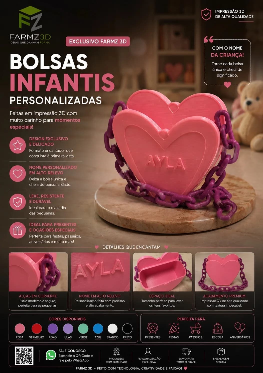Bolsa infantil em formato de coração rosa com nome AYLA em alto relevo e alça de corrente roxa impressa em 3D.