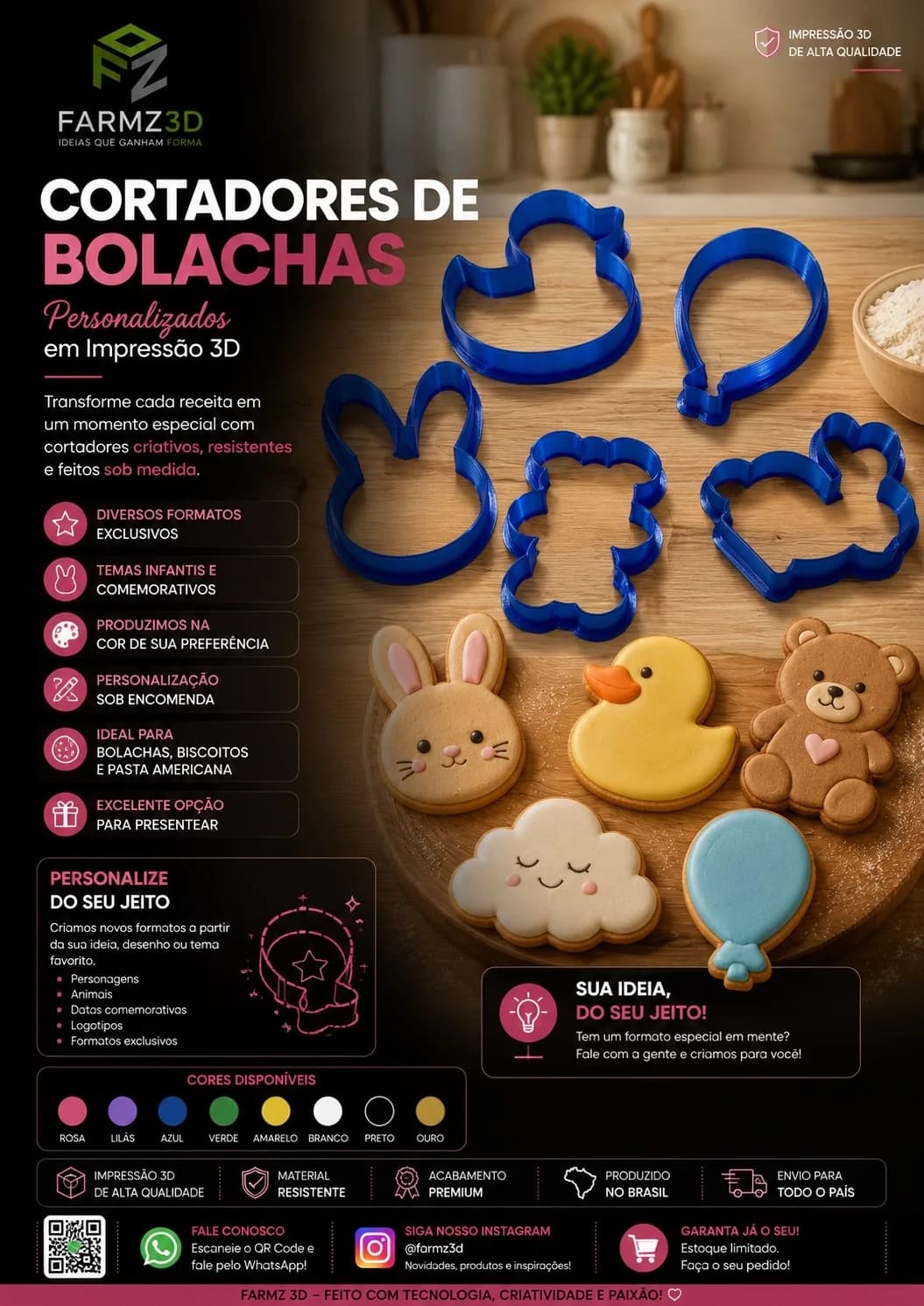 Cortadores de bolacha azuis em formatos de coelho, urso, patinho, nuvem e balão ao lado das bolachas decoradas correspondentes.