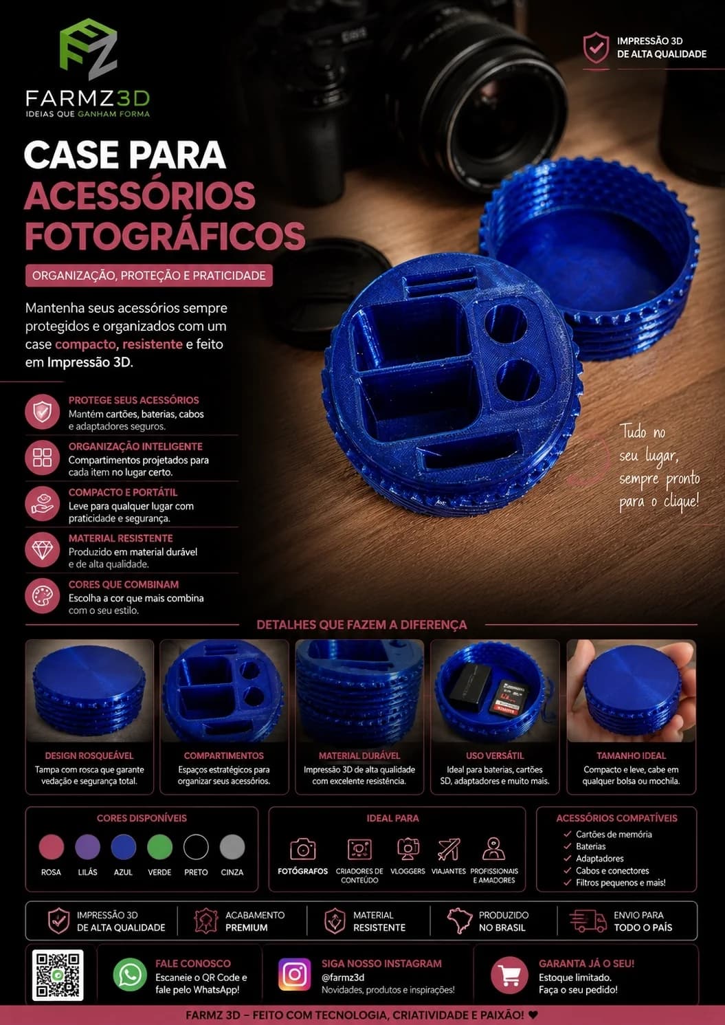 Case circular azul com tampa rosqueável e compartimentos internos para cartões, baterias e adaptadores de câmera.