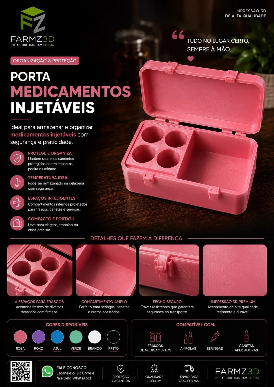 Caixa rosa impressa em 3D aberta com quatro nichos para frascos e compartimento amplo para seringas e canetas.