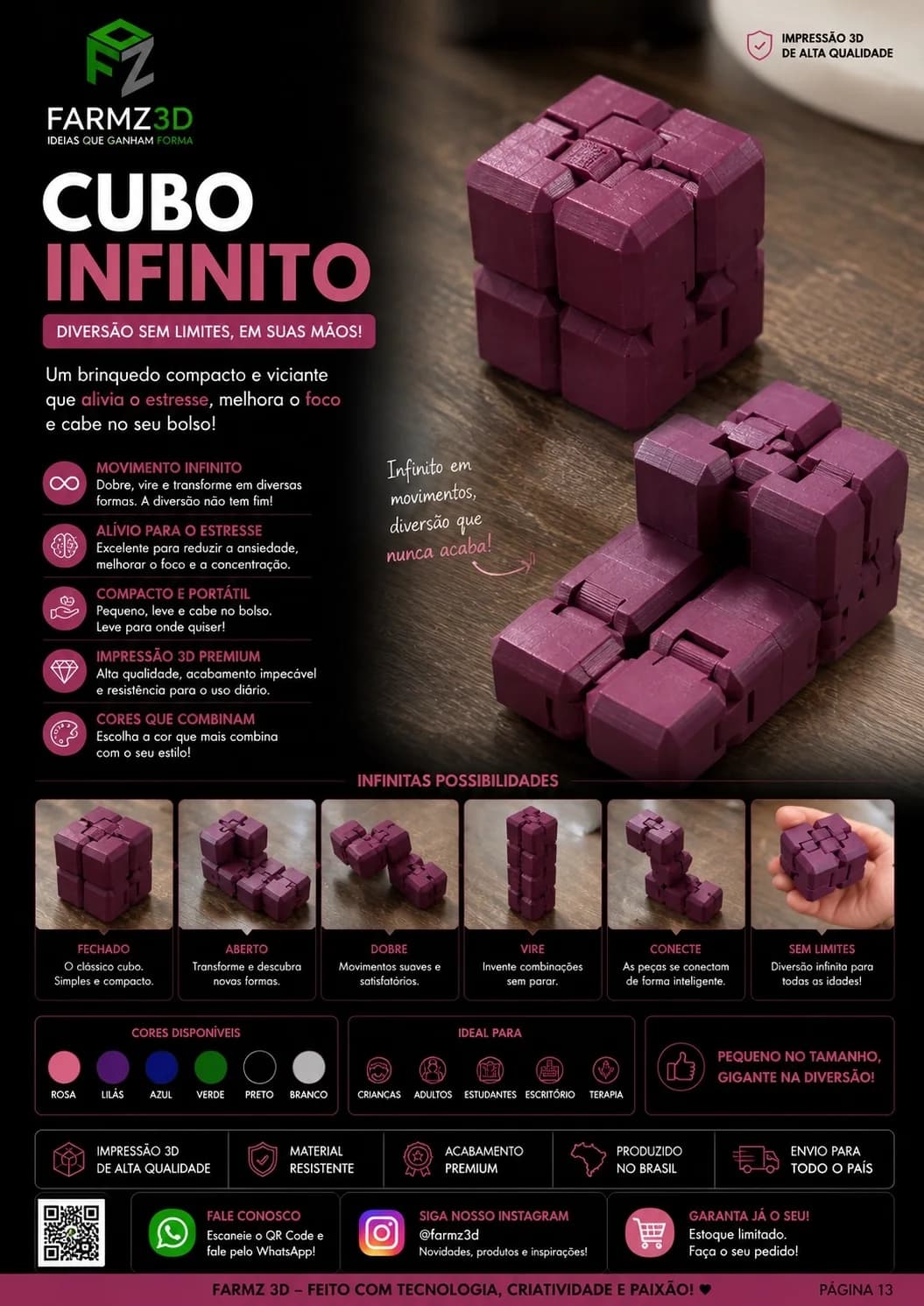 Cubo infinito articulado impresso em 3D na cor vinho, mostrado fechado e desdobrado sobre mesa de madeira.