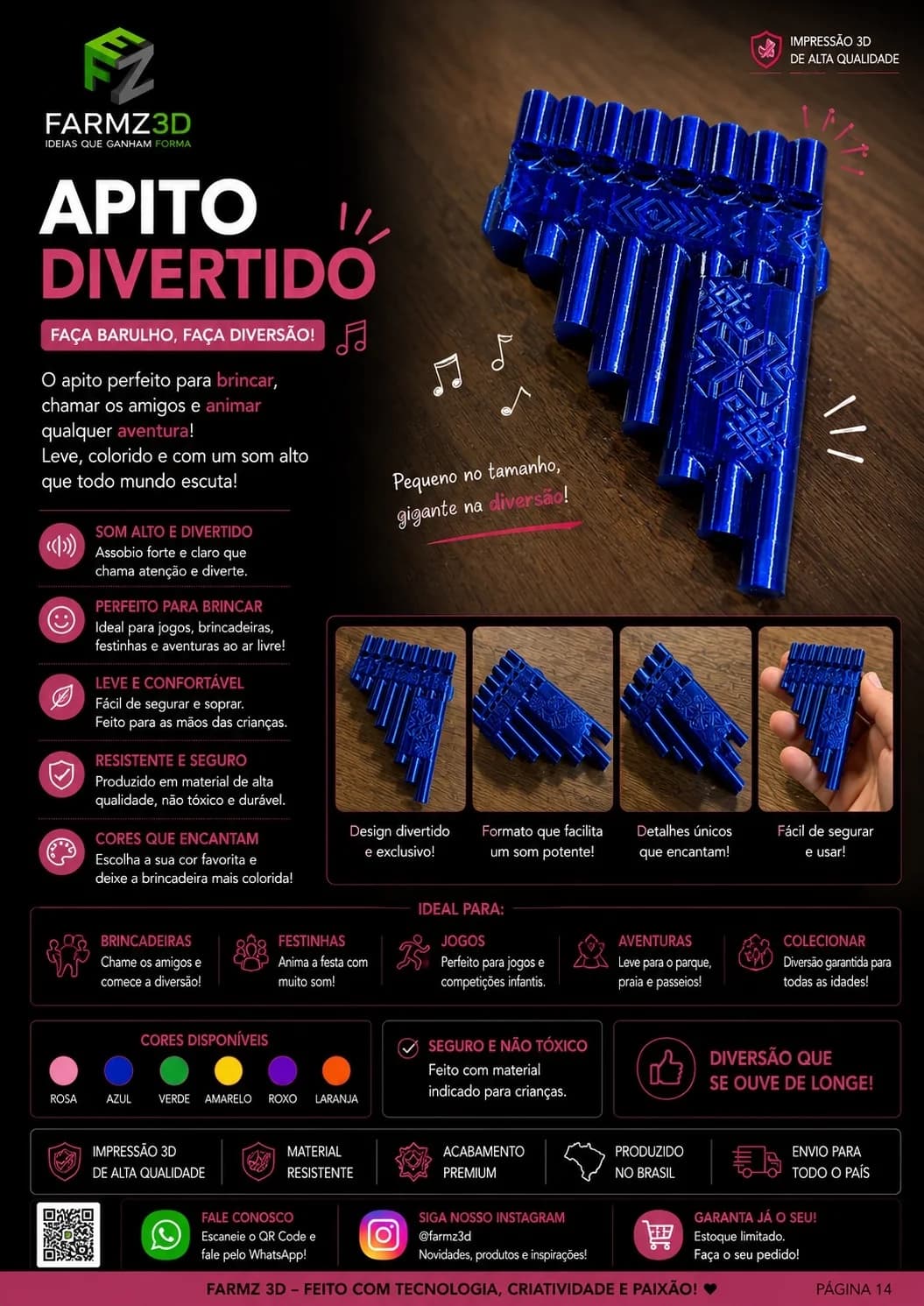 Apito azul em formato de flauta de pã impresso em 3D sobre mesa de madeira, com detalhes gravados.