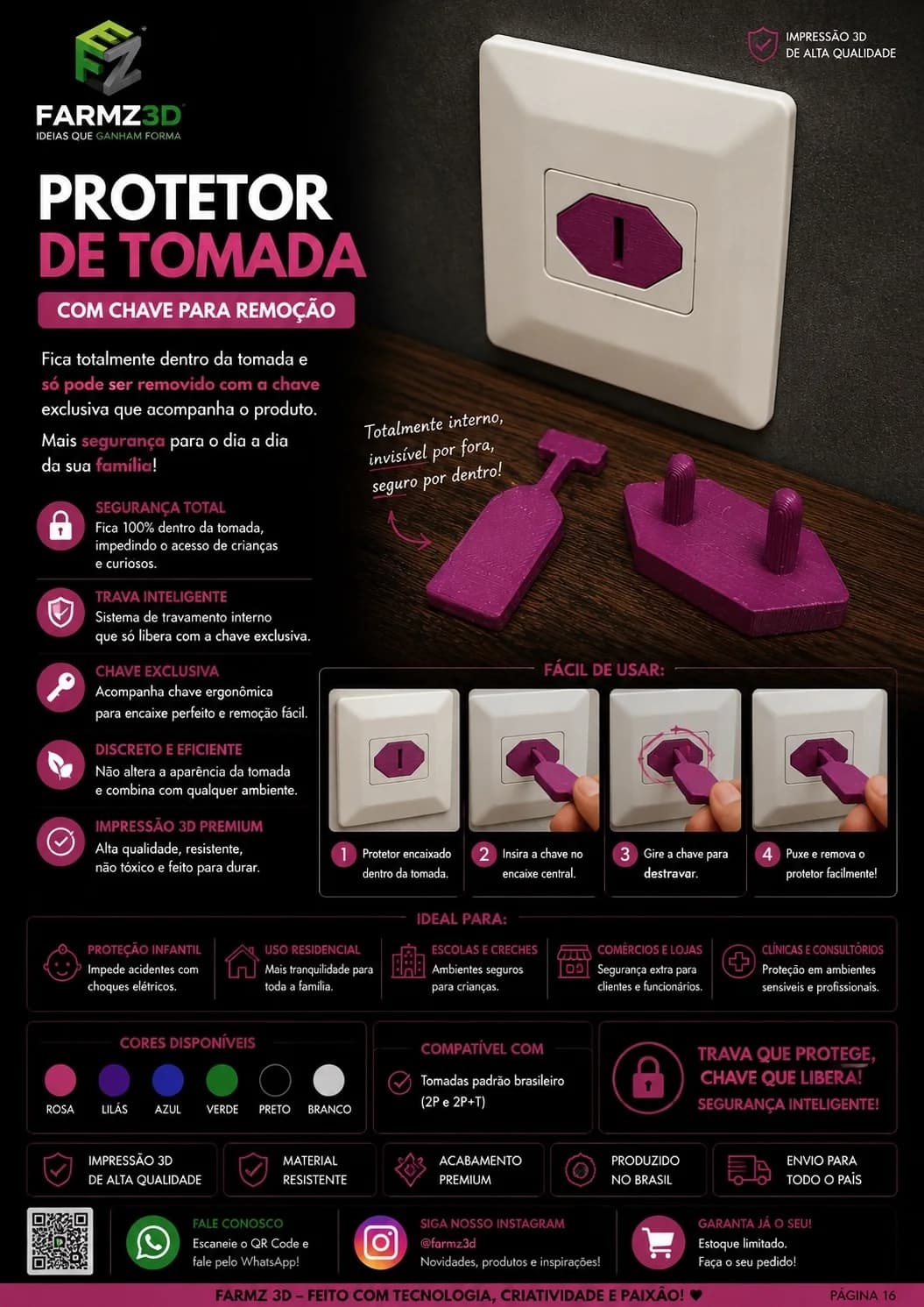 Protetor de tomada roxo instalado em tomada branca ao lado da chave exclusiva de remoção.