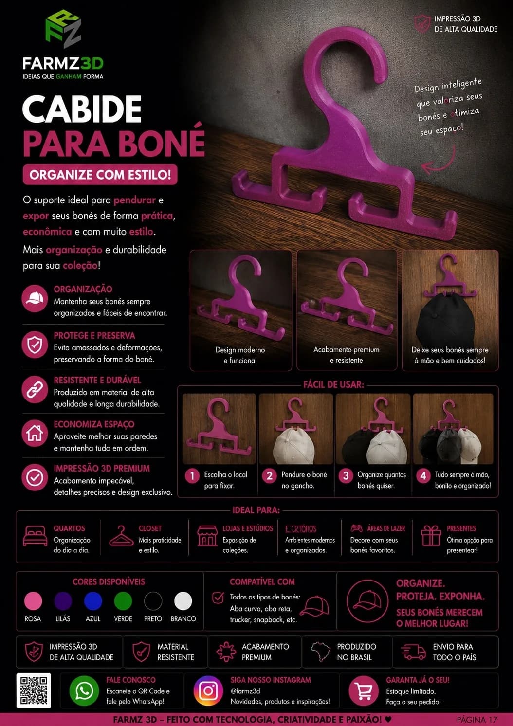Cabide roxo impresso em 3D com ganchos para pendurar bonés, fixado em parede de madeira.