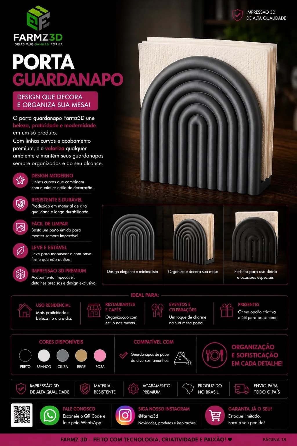 Porta guardanapo preto com design de arcos curvos segurando guardanapos brancos sobre mesa de madeira.