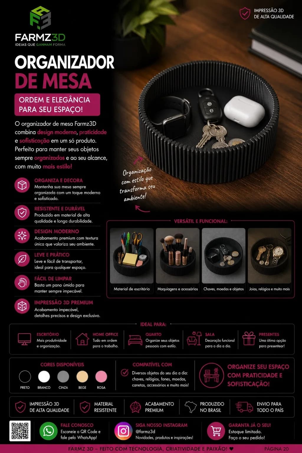 Organizador de mesa circular preto com textura ranhurada contendo relógio, chaves e fone sem fio.