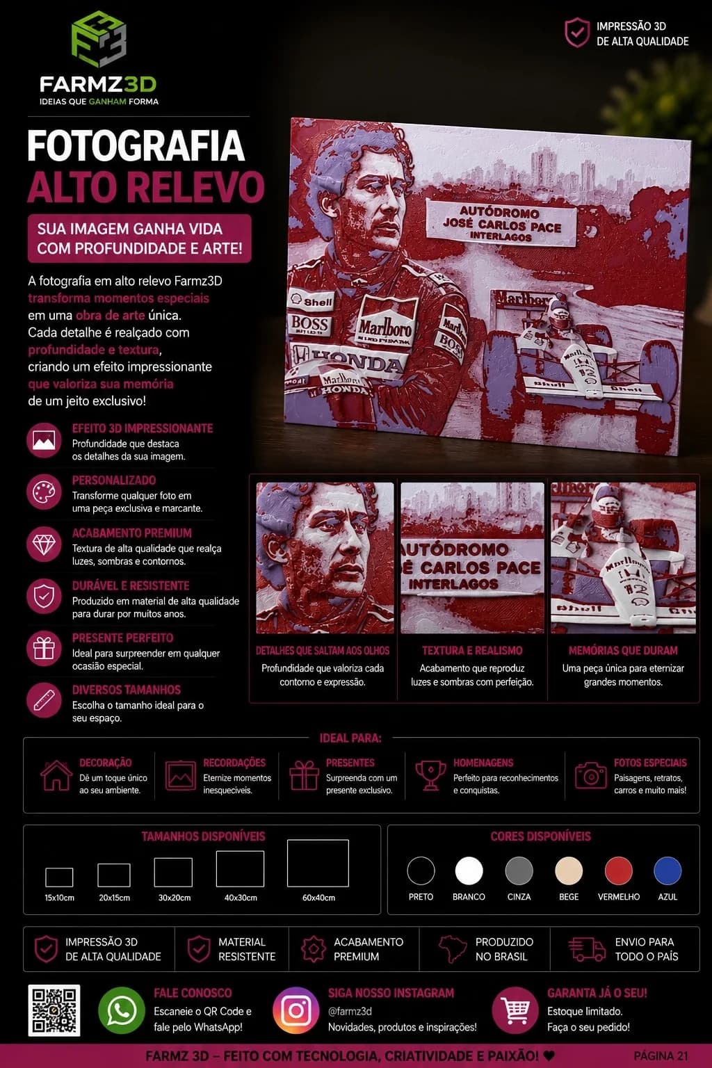 Quadro em alto relevo 3D nas cores vermelho e lilás retratando piloto de Fórmula 1 no Autódromo José Carlos Pace.