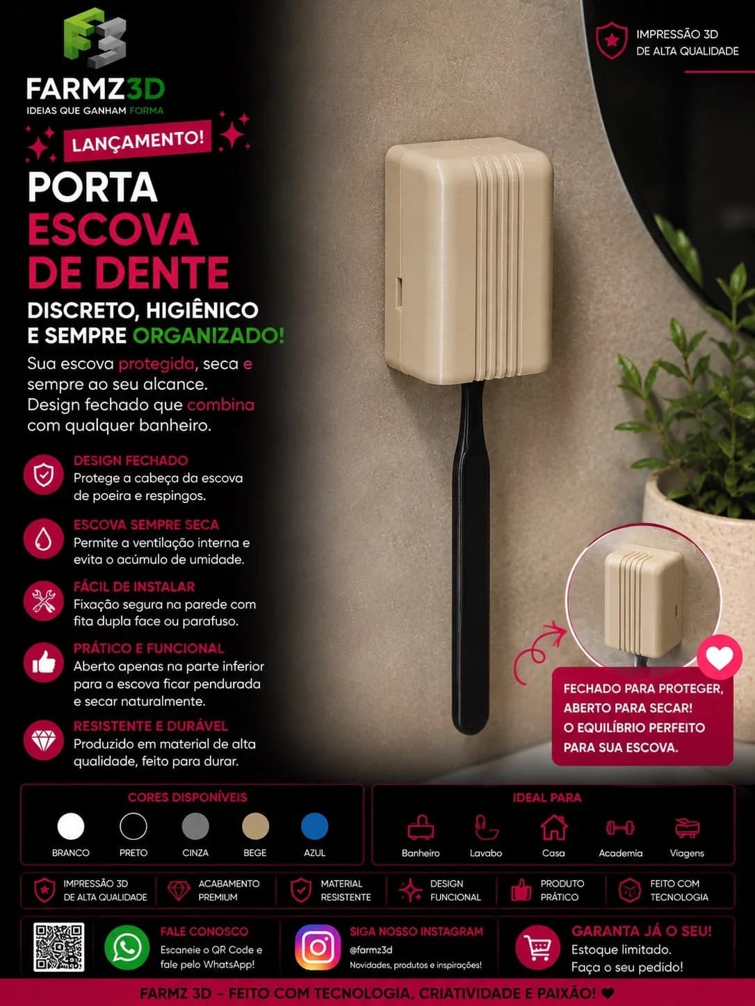 Porta escova de dente bege fechado fixado na parede do banheiro com escova preta pendurada.