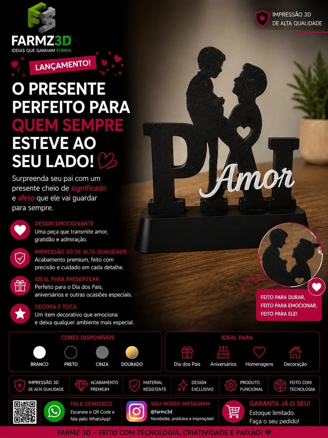Enfeite decorativo preto com a palavra PAI, silhueta de pai e filho e a palavra Amor em prata sobre base.