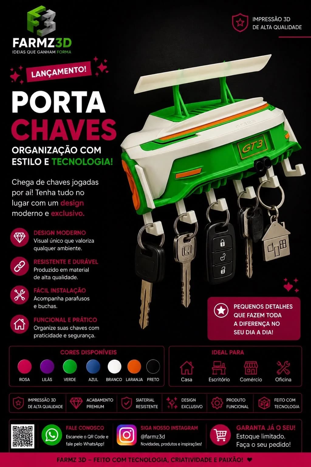 Porta chaves de parede em formato de carro esportivo GT3 verde e branco com chaves penduradas nos ganchos.