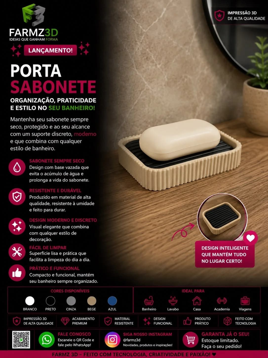 Porta sabonete bege com base vazada preta e sabonete claro, sobre bancada de madeira no banheiro.