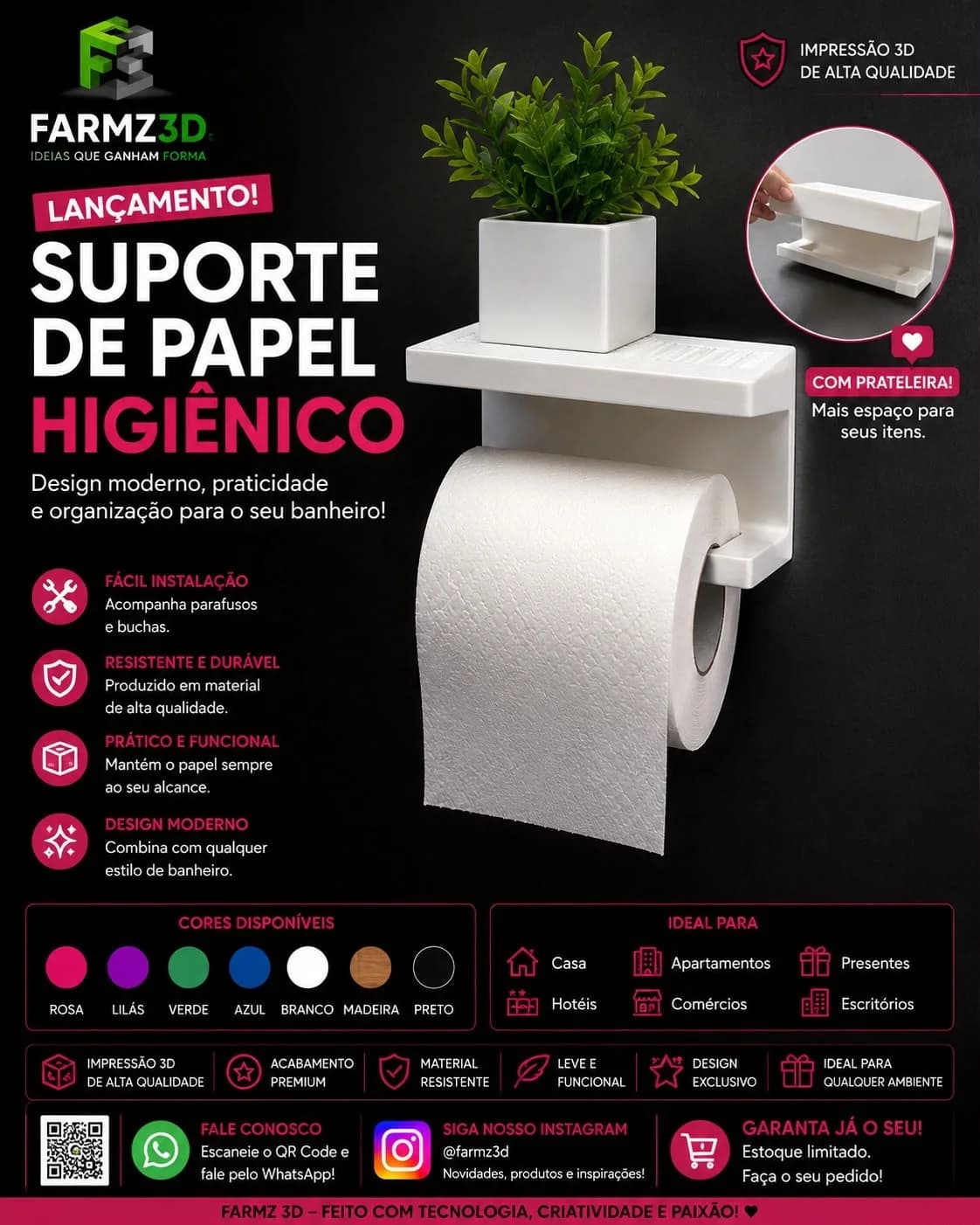 Suporte branco de papel higiênico com prateleira superior e vaso de planta, fixado em parede escura.