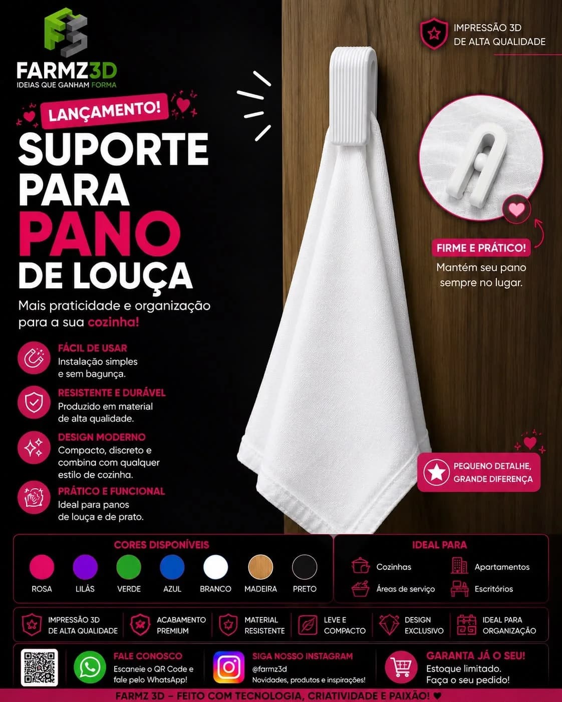 Suporte branco impresso em 3D fixado em armário de madeira segurando um pano de louça branco.
