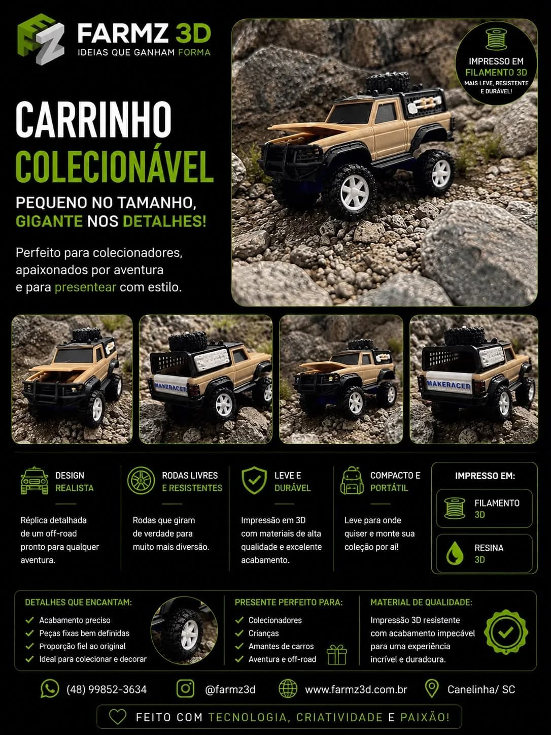Miniatura de picape off-road bege e preta impressa em 3D com rodas livres, posicionada sobre pedras.
