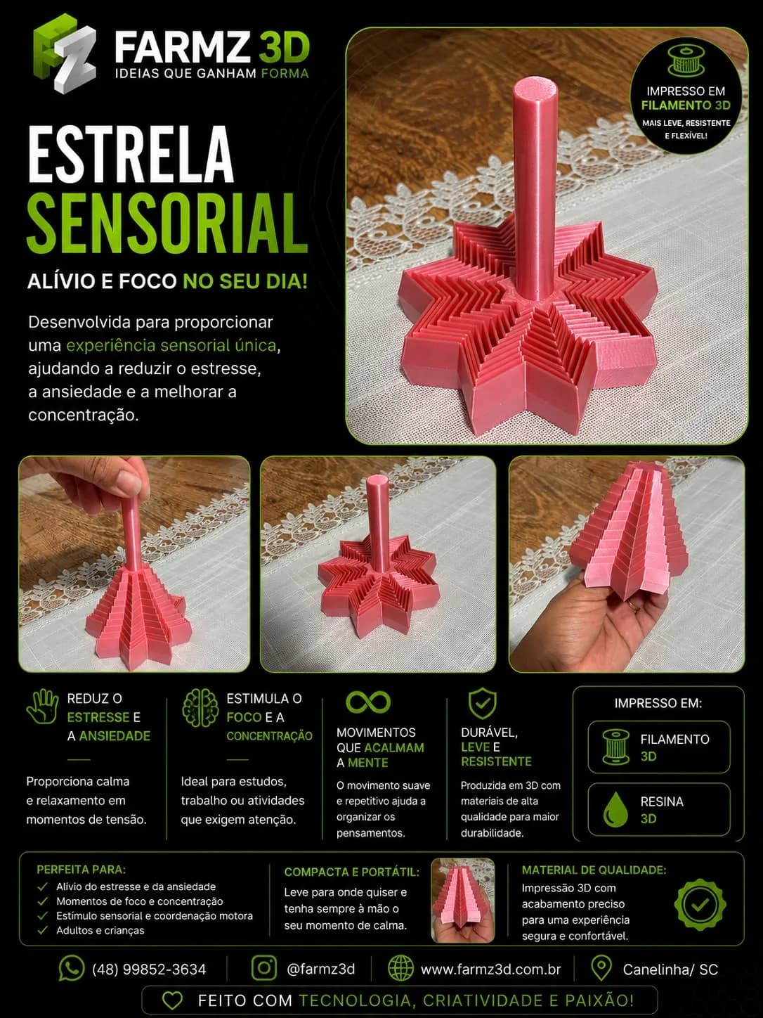 Brinquedo sensorial rosa em formato de estrela articulada com haste central, segurado por uma mão.
