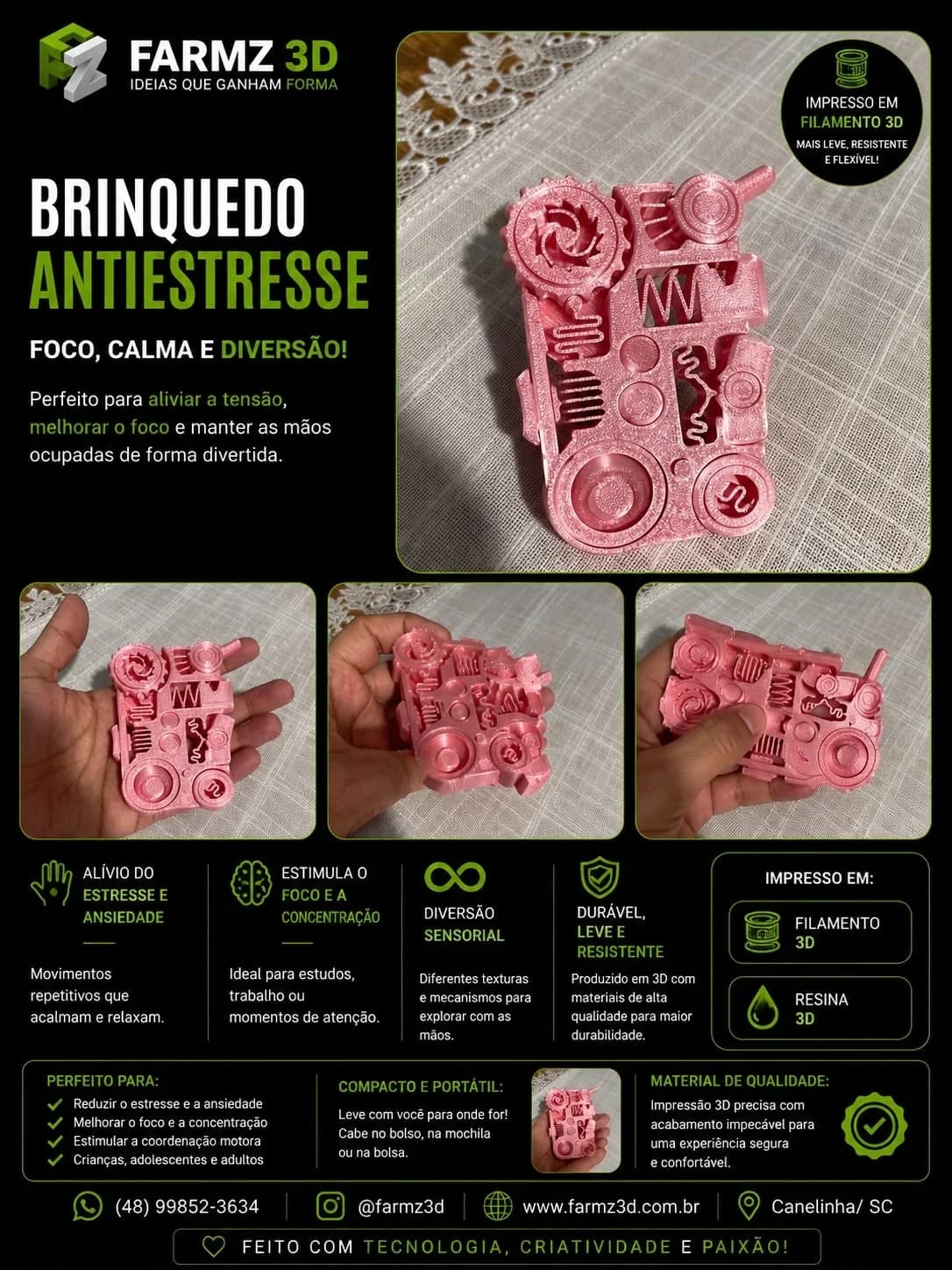 Brinquedo antiestresse rosa com engrenagens, botões e texturas variadas segurado na palma da mão.