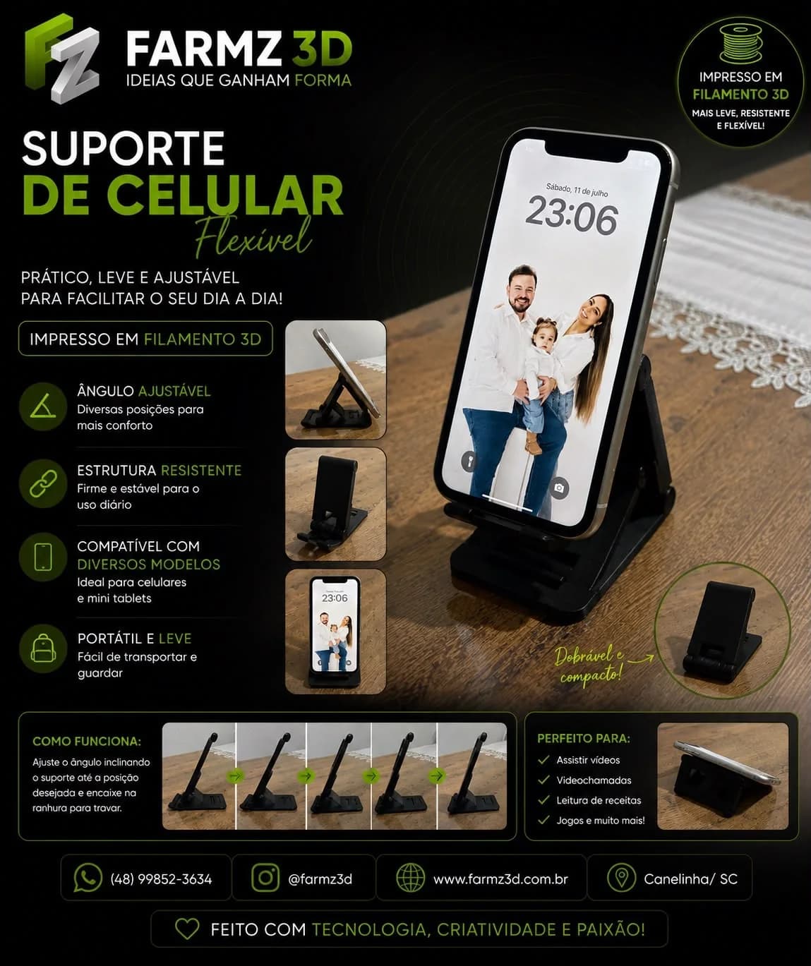 Suporte dobrável preto impresso em 3D segurando um celular inclinado sobre mesa de madeira.