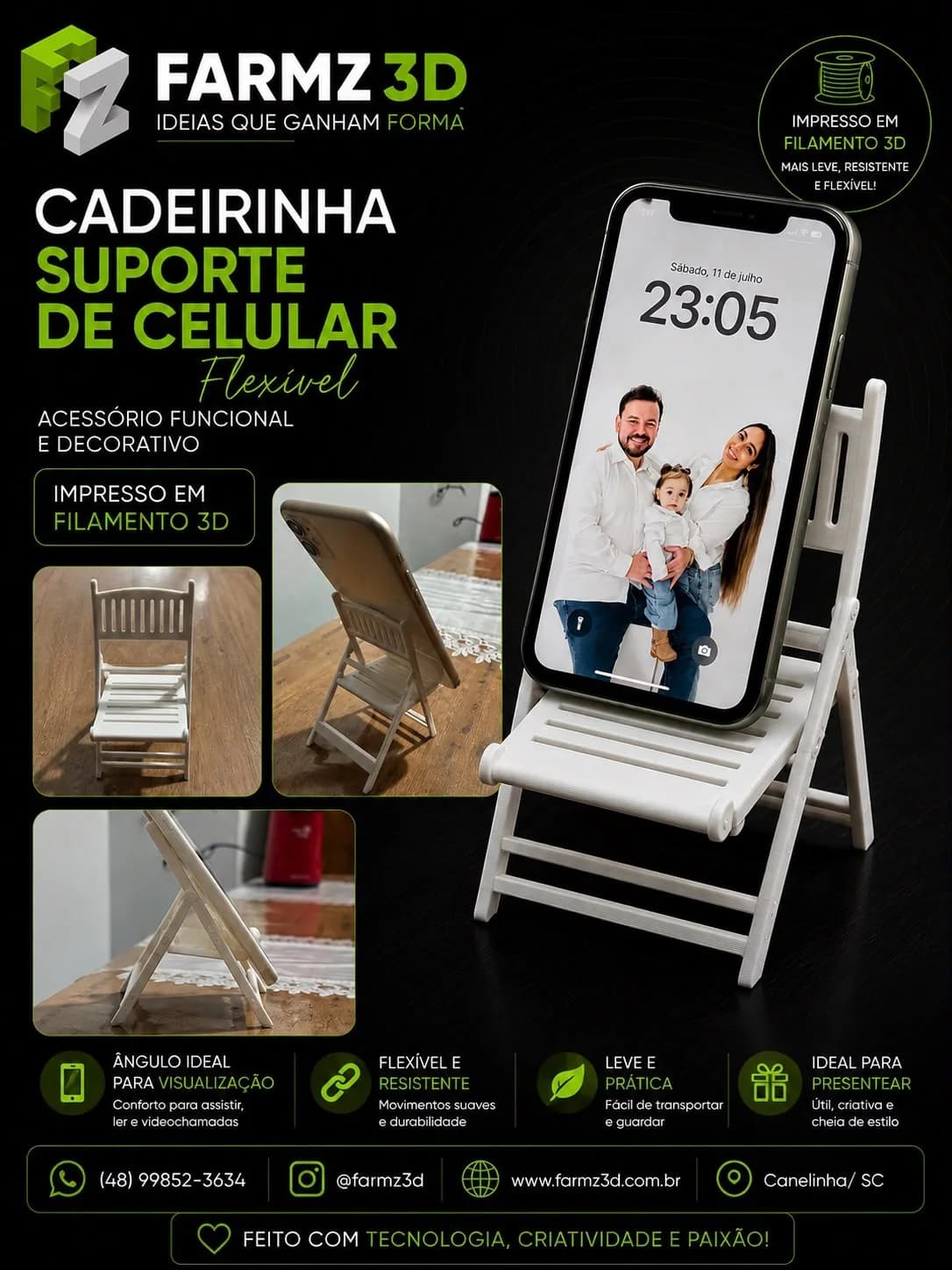 Suporte de celular branco em formato de cadeirinha dobrável impresso em 3D com celular apoiado.