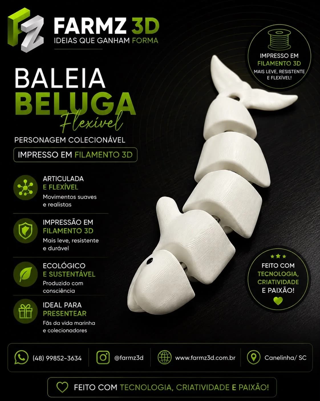 Baleia beluga branca articulada impressa em 3D com segmentos flexíveis sobre superfície escura.