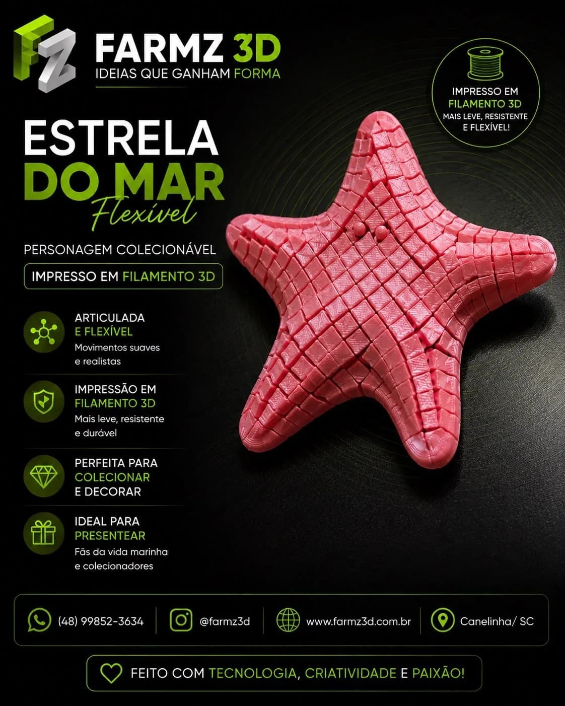 Estrela do mar rosa articulada impressa em 3D com textura de escamas sobre fundo escuro.
