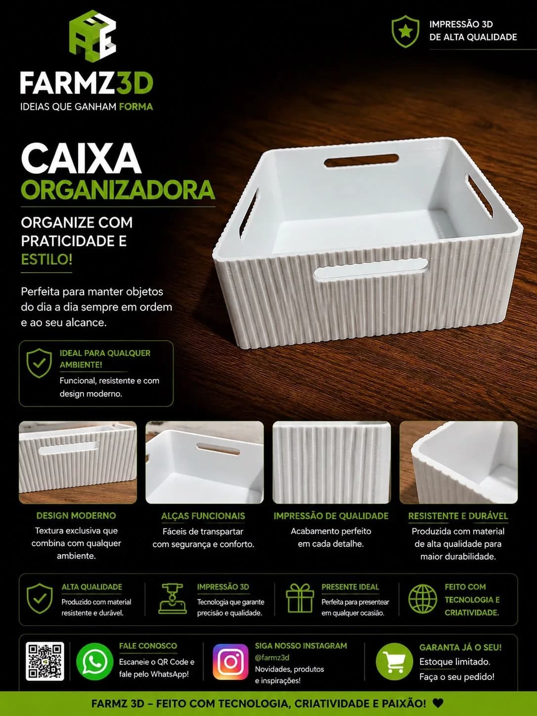Caixa organizadora branca com textura ranhurada e alças vazadas laterais, sobre mesa de madeira.