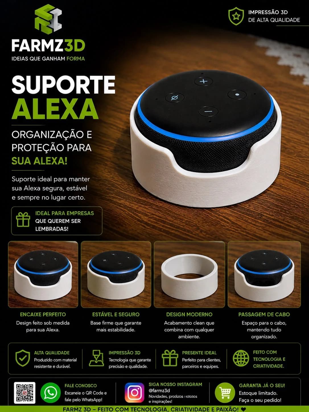 Base circular branca impressa em 3D acomodando uma Amazon Echo Dot preta com anel azul aceso.