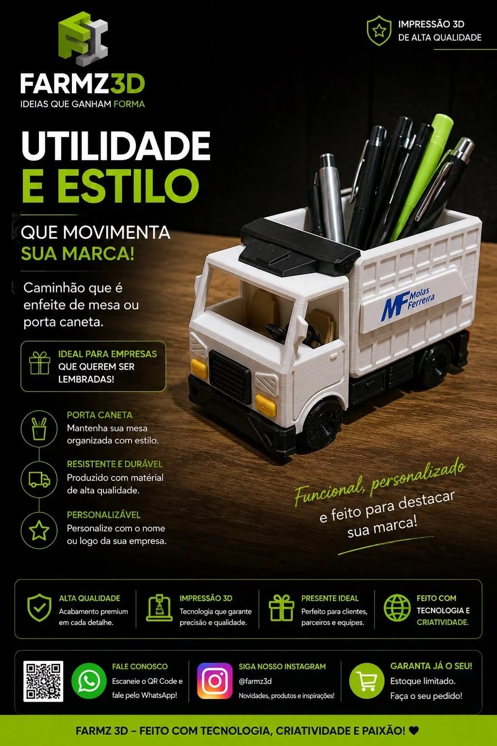 Caminhão branco e preto impresso em 3D usado como porta-canetas, com logo de empresa na carroceria.