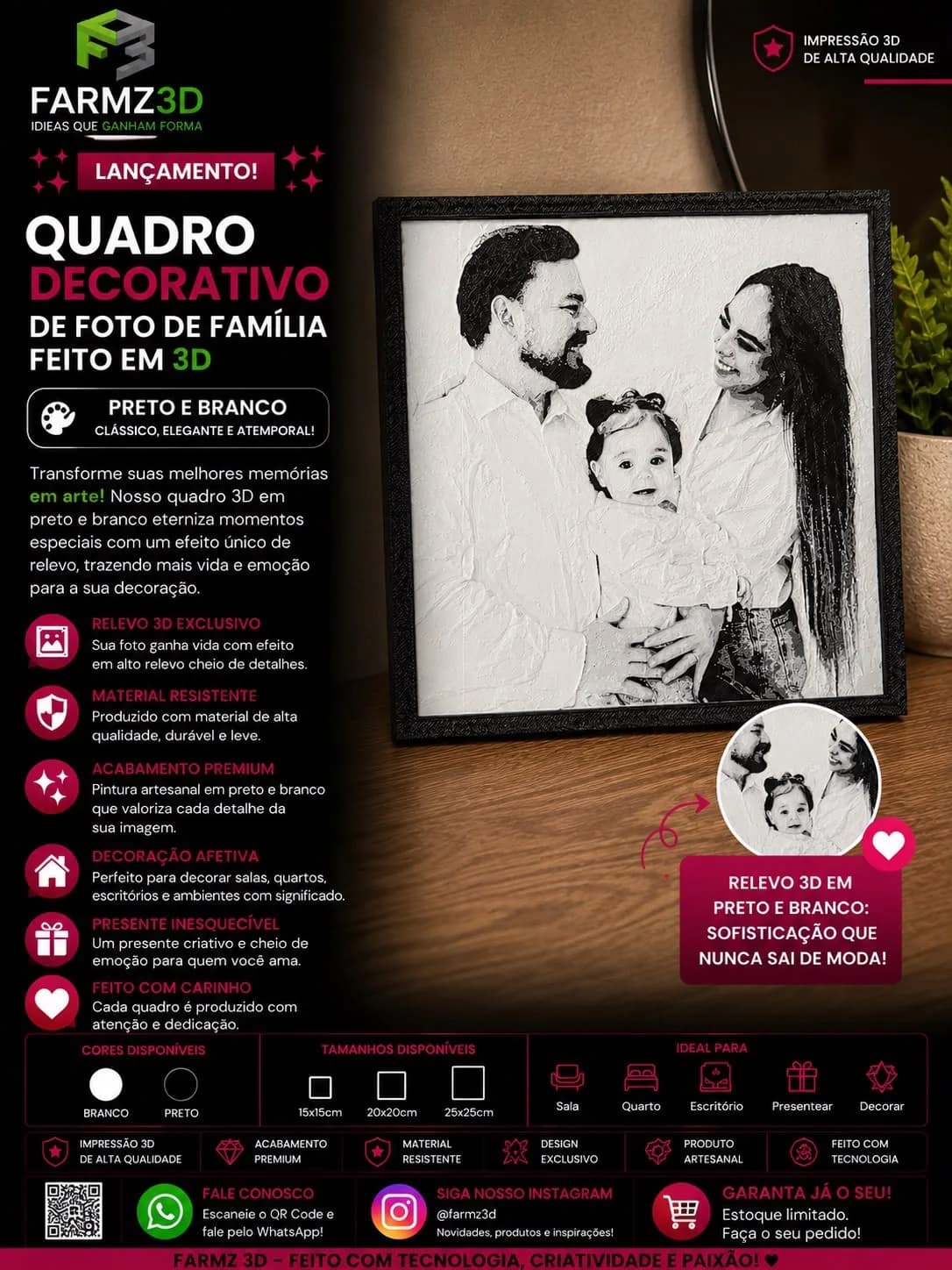 Quadro em alto relevo 3D preto e branco com foto de casal e bebê, em moldura preta sobre móvel de madeira.